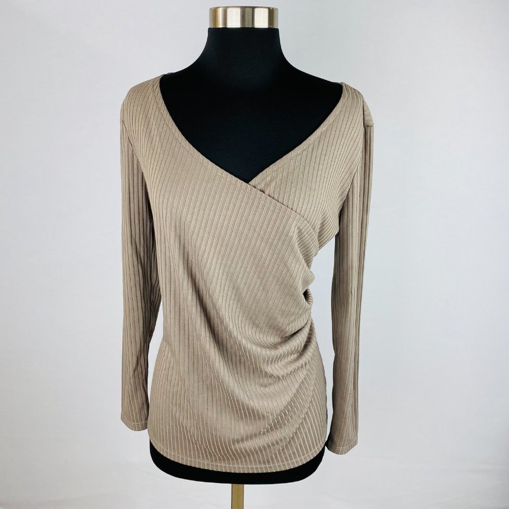 Regna X Taupe Beige Faux Wrap Long Sleeve Top L
